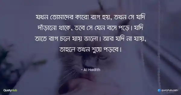 যখন তোমাদের কারো রাগ হয়, তখন সে যদি দাঁড়ানো থাকে, তবে সে যেন বসে পড়ে। যদি তাতে রাগ চলে যায় ভালো। আর যদি না যায়, তাহলে তখন শুয়ে পড়বে। - আল হাদিস
