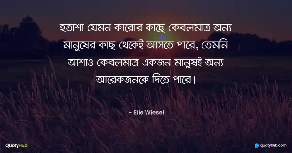 হতাশা যেমন কারোর কাছে কেবলমাত্র অন্য মানুষের কাছ থেকেই আসতে পারে, তেমনি আশাও কেবলমাত্র একজন মানুষই অন্য আরেকজনকে দিতে পারে। - Elie Wiesel