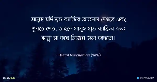 মানুষ যদি মৃত ব্যাক্তির আর্তনাদ দেখতে এবং শুনতে পেত, তাহলে মানুষ মৃত ব্যাক্তির জন্য কান্না না করে নিজের জন্য কাদতো। - Hazrat Muhammad (SAW)