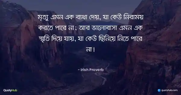 মৃত্যু এমন এক ব্যথা দেয়, যা কেউ নিরাময় করতে পারে না; আর ভালোবাসা এমন এক স্মৃতি দিয়ে যায়, যা কেউ ছিনিয়ে নিতে পারে না। - Irish Proverb