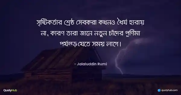 সৃষ্টিকর্তার শ্রেষ্ঠ সেবকরা কখনও ধৈর্য হারায় না, কারণ তারা জানে নতুন চাঁদের পূর্ণিমা পর্যন্ত যেতে সময় লাগে। - Jalaluddin Rumi