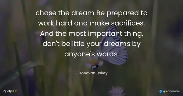 chase the dream Be prepared to work hard and make sacrifices. And the most important thing, don't belittle your dreams by anyone's words. - Donovan Bailey